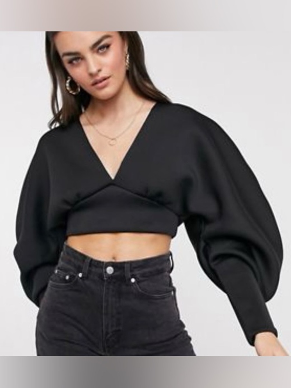 True Violet Black V-Neck Balloon Sleeve Cropped Top. 
Size 14